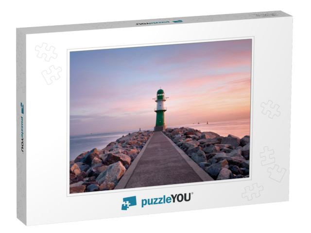 Lighthouse At Sunset in Warnemuende, Baltic Sea... Jigsaw Puzzle