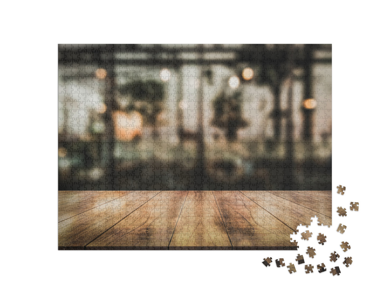 Empty Wooden Table Top with Lights Bokeh on Blur Restaura... Jigsaw Puzzle with 1000 pieces