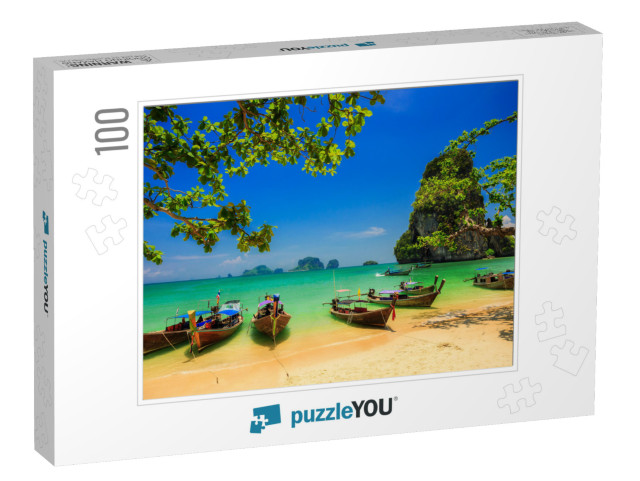 Traditional Longtail Boat At Sunset on Tropical Island, T... Jigsaw Puzzle with 100 pieces