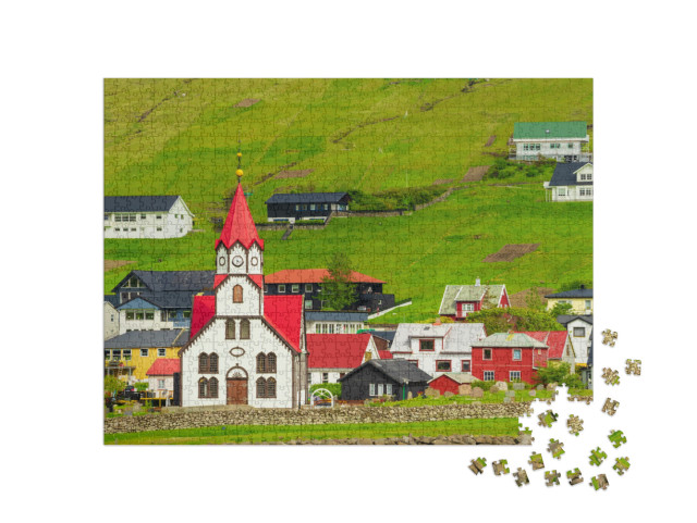 Lutheran Church with Red Roof in Sandavagur Village, Loca... Jigsaw Puzzle with 1000 pieces