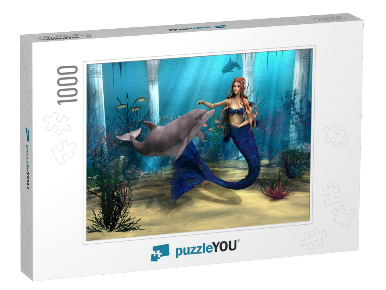 3D Digital Render of a Cute Mermaid & Dolphin on Blue Fan... Jigsaw Puzzle with 1000 pieces