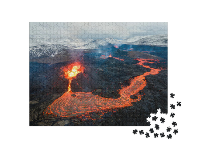 Lava Flows on Active Volcano Aerial View, Mount Fagradals... Jigsaw Puzzle with 1000 pieces