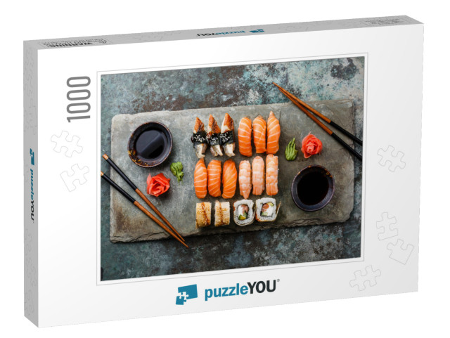 Sushi Set Sashimi & Sushi Rolls Served on Stone Slate... Jigsaw Puzzle with 1000 pieces