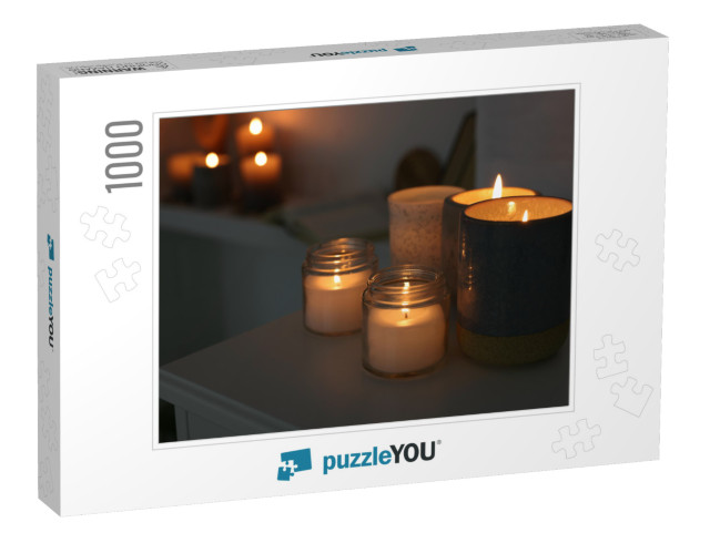 Burning Wax Candles on White Table in Room, Space for Tex... Jigsaw Puzzle with 1000 pieces