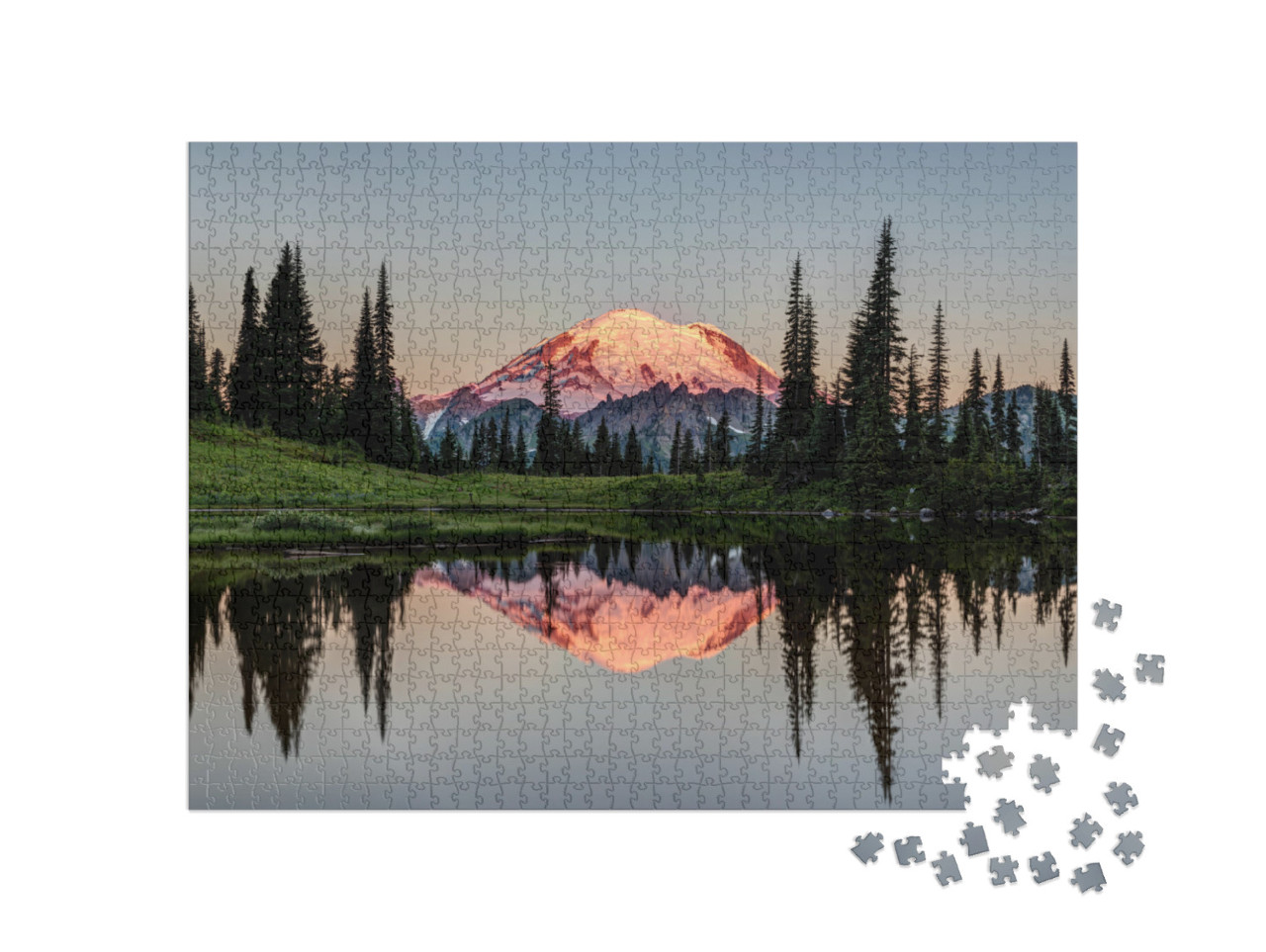 The Glowing Peak of Mount Rainier At Dawn with a Calm Ref... Jigsaw Puzzle with 1000 pieces