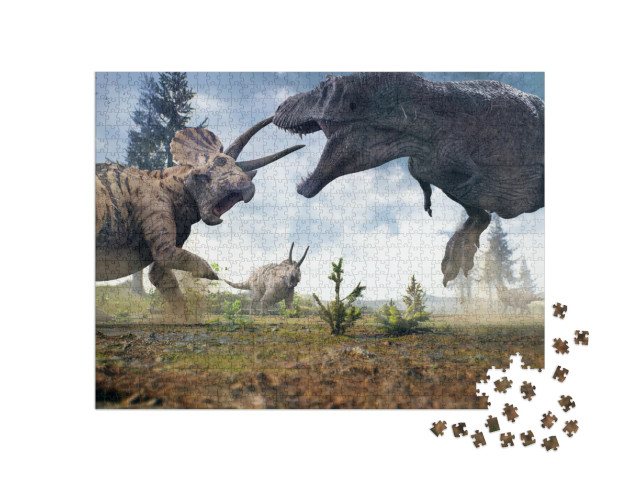 3D Rendering of Tyrannosaurus Rex Facing Off Against a Tr... Jigsaw Puzzle with 1000 pieces