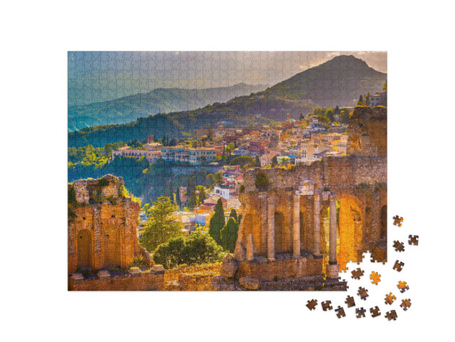 The Ruins of Taormina Theater At Sunset. Beautiful Travel... Jigsaw Puzzle with 1000 pieces