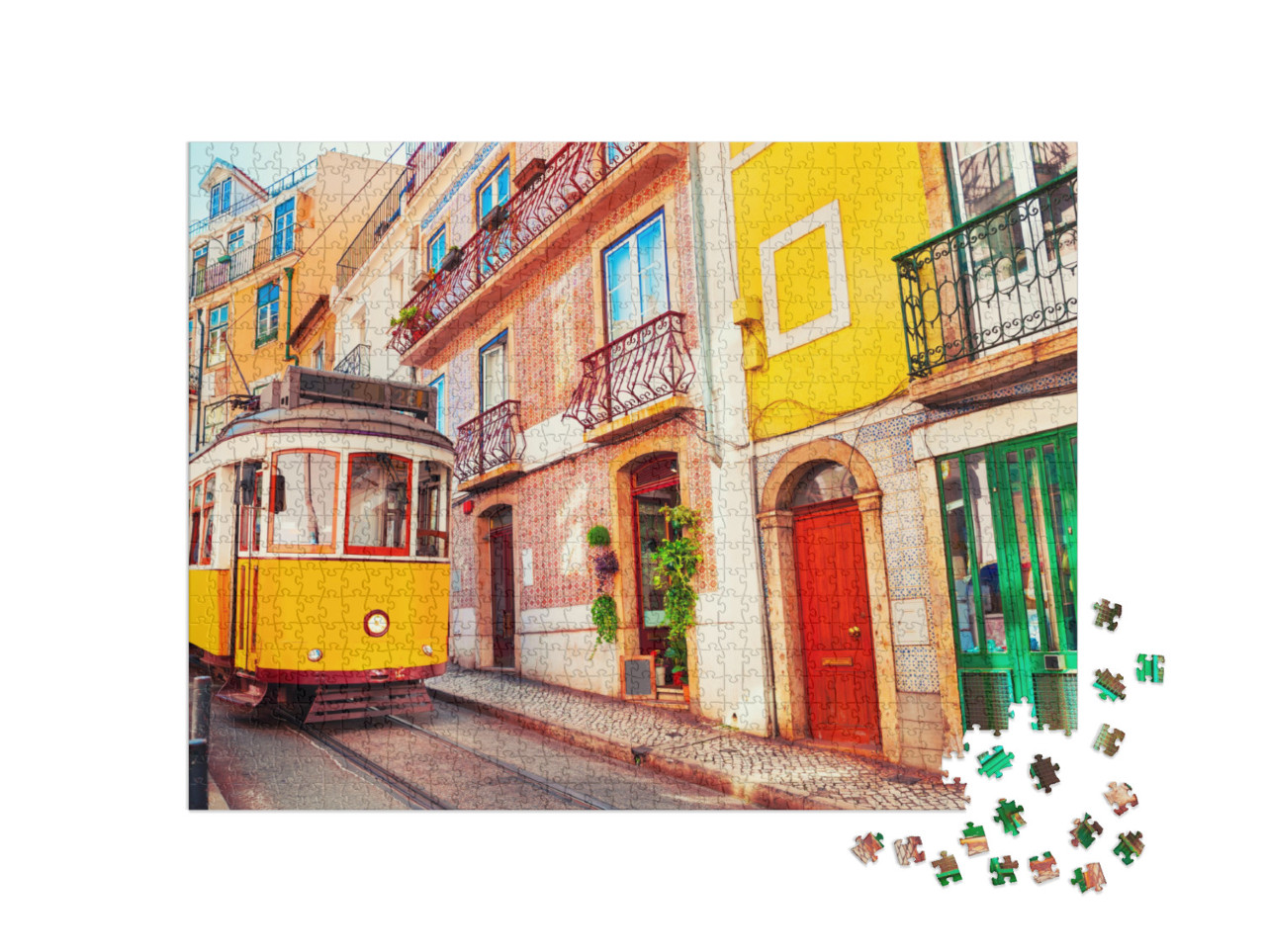 Yellow Vintage Tram on the Street in Lisbon, Portugal. Fa... Jigsaw Puzzle with 1000 pieces