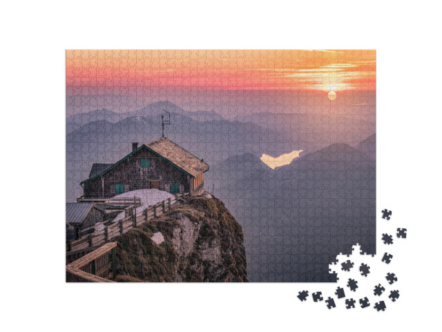 Mountain Landscape with Hut At Sunset in Salzkammergut, U... Jigsaw Puzzle with 1000 pieces