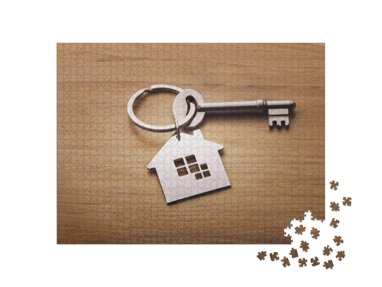 Home Shape Keychain on Wooden Background... Jigsaw Puzzle with 1000 pieces