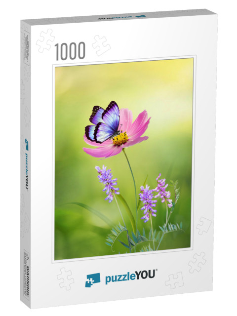 Beautiful Pink Flower Cosmos Bipinnatus & Butterfly on Na... Jigsaw Puzzle with 1000 pieces