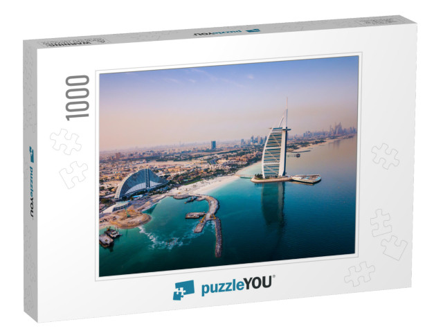 Burj Al Arab Luxury Hotel & Dubai Marina Skyline in the B... Jigsaw Puzzle with 1000 pieces