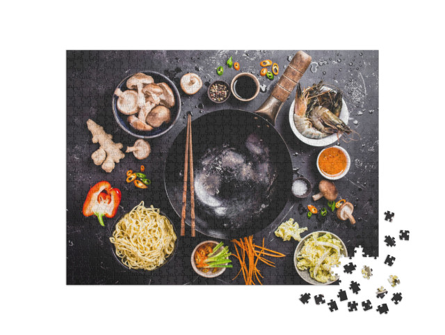 Asian Food Cooking Concept. Empty Wok Pan, Noodles, Veget... Jigsaw Puzzle with 1000 pieces