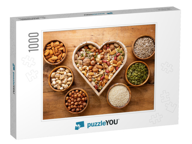 Heart Shaped Box & Small Bowls Full of Nuts & Seed on Rus... Jigsaw Puzzle with 1000 pieces