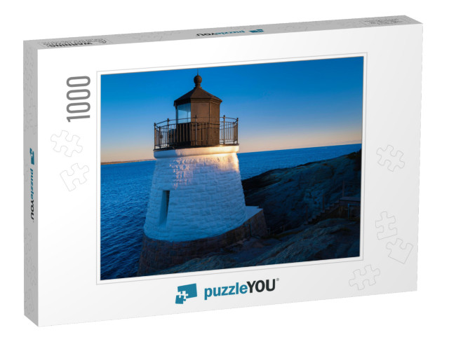 White Lighthouse on the Rocky Cliff At Sunrise. Castle Hi... Jigsaw Puzzle with 1000 pieces