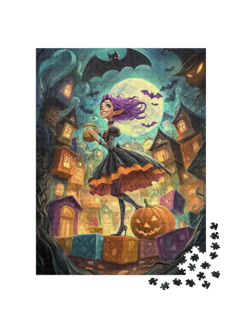 Witch with purple hair among the bats Jigsaw Puzzle with 1000 pieces