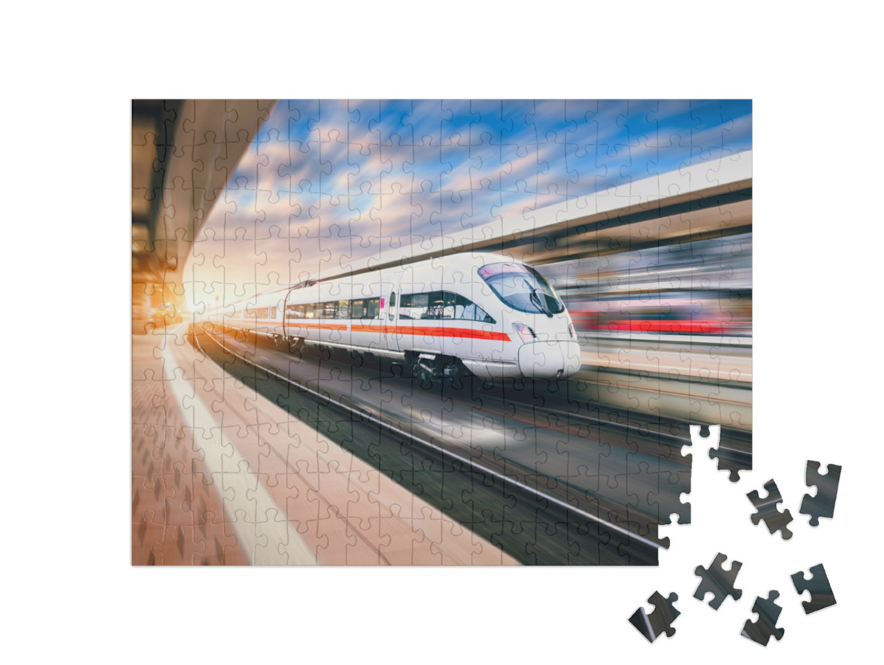 White Modern High Speed Train in Motion on Railway Statio... Jigsaw Puzzle with 200 pieces