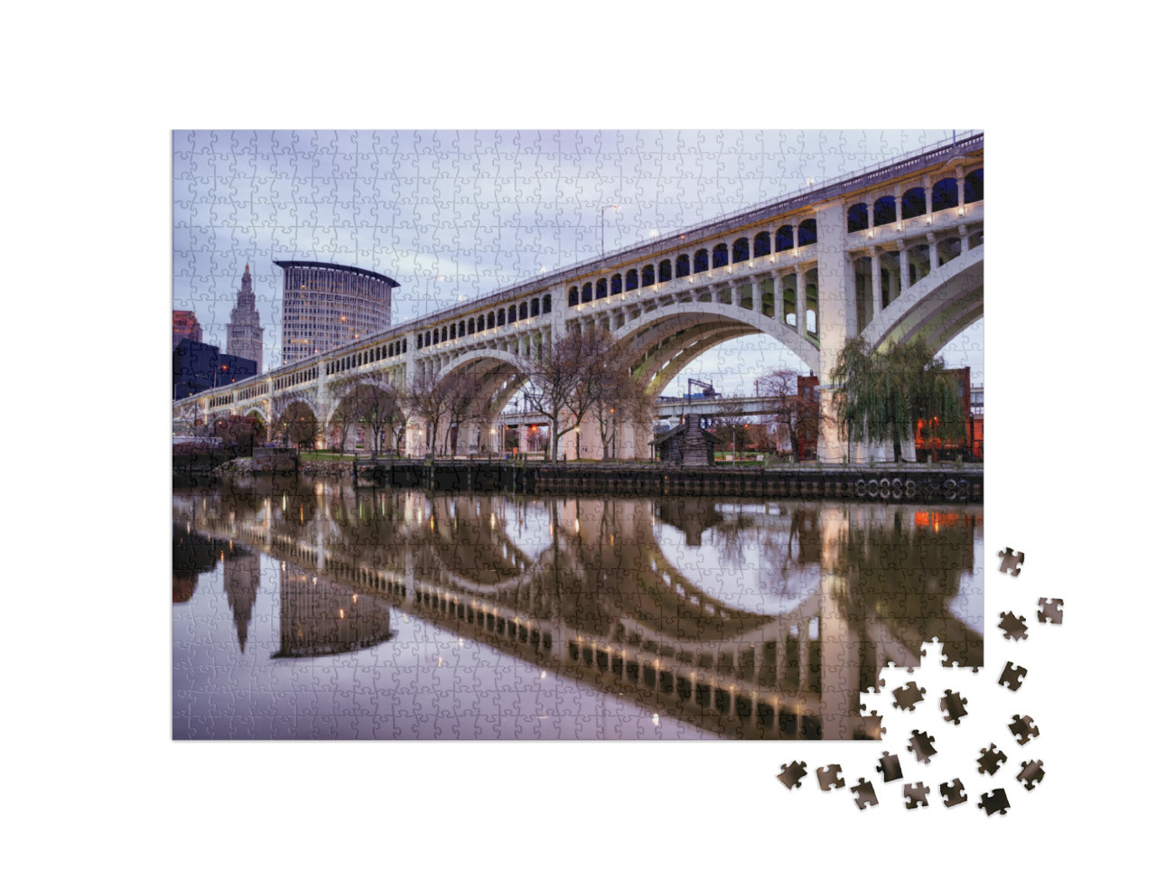 Detroit Superior Bridge Over Cuyahoga River & Downtown Sk... Jigsaw Puzzle with 1000 pieces