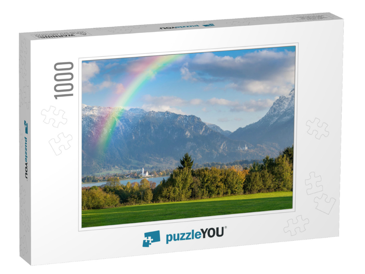 Autumn Landscape Panorama with Rainbow Over Lake & Alps M... Jigsaw Puzzle with 1000 pieces