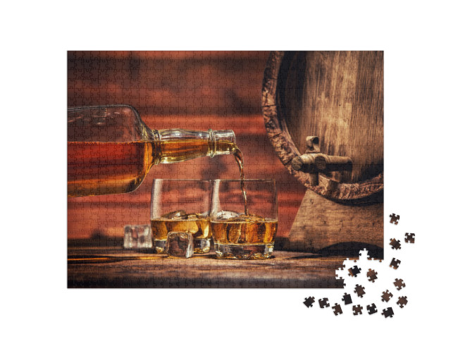 Pouring Whiskey from Bottle to Two Glasses with Ice Cubes... Jigsaw Puzzle with 1000 pieces