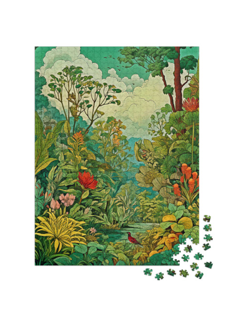 Tropical Paradise of Colors, Vegetation, a Flowing Stream and a Local Bird Jigsaw Puzzle with 1000 pieces