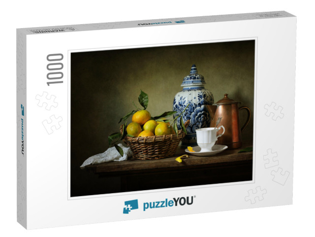 Still Life with Mandarins & a Delft Vase Textured for Art... Jigsaw Puzzle with 1000 pieces