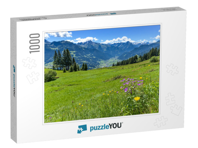 Alpine Mountain View with Bright Green Meadow in the Fore... Jigsaw Puzzle with 1000 pieces