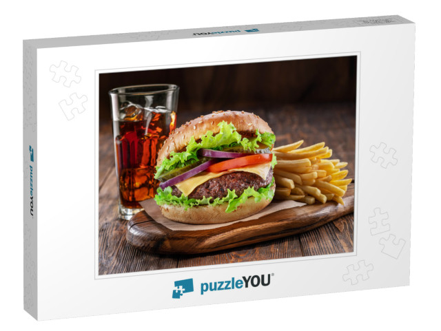 Delicious Hamburger with Cola & Potato Fries on a Wooden... Jigsaw Puzzle