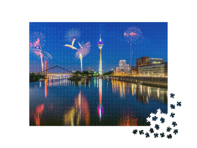 Firework in Dusseldorf Media Harbor. Japanese Day, New Ye... Jigsaw Puzzle with 1000 pieces