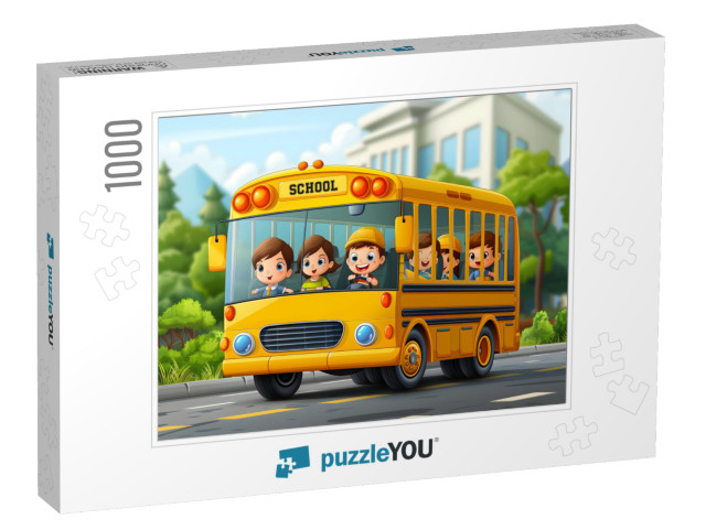 Happy Smiling Kids on a Yellow School Bus Jigsaw Puzzle with 1000 pieces