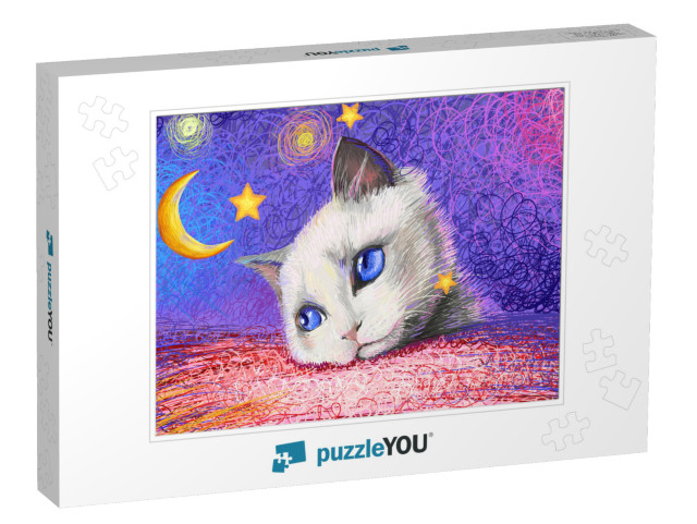 Drawn Illustration of a White Cat Head on a Bright Backgr... Jigsaw Puzzle