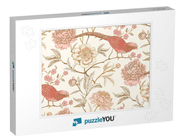 Peonies & Pheasants. Floral Vintage Seamless Pattern with... Jigsaw Puzzle