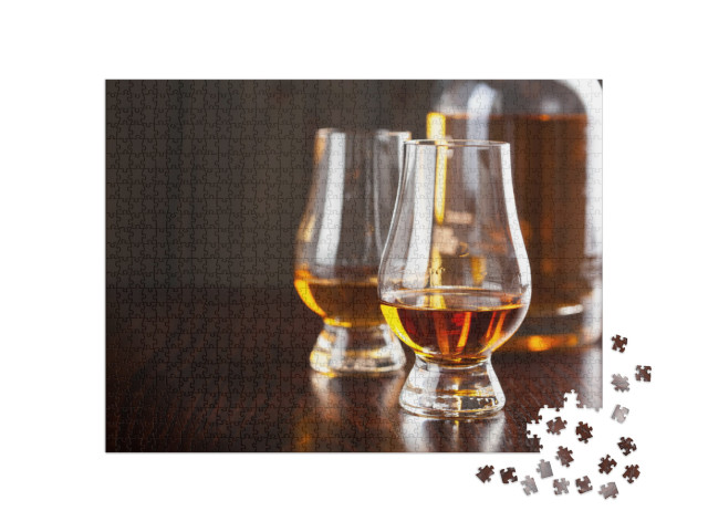 Bottle & Glass of Whisky Spirit Brandy on Dark Brown Back... Jigsaw Puzzle with 1000 pieces