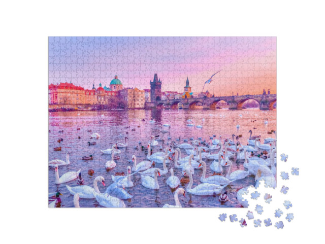 Swans on Vltava River, Towers & Charles Bridge At Sunset... Jigsaw Puzzle with 1000 pieces