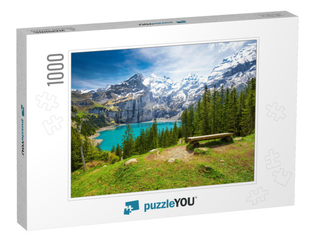 Amazing Turquoise Oeschinnensee with Waterfalls & Swiss A... Jigsaw Puzzle with 1000 pieces