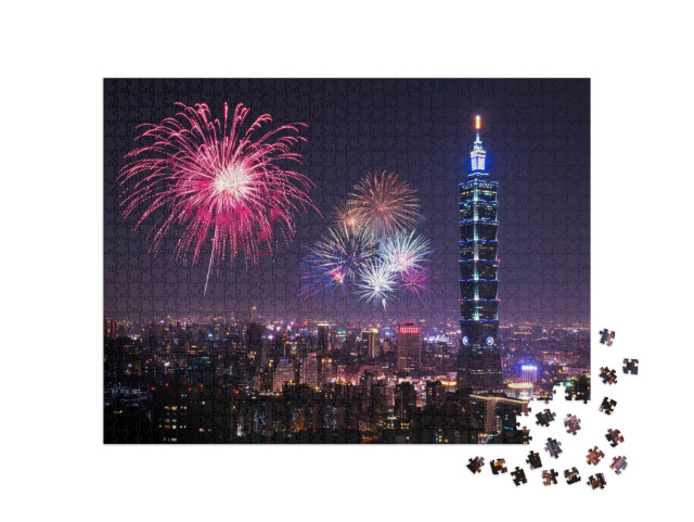 Firework with Cityscape Nightlife View of Taipei. Taiwan... Jigsaw Puzzle with 1000 pieces