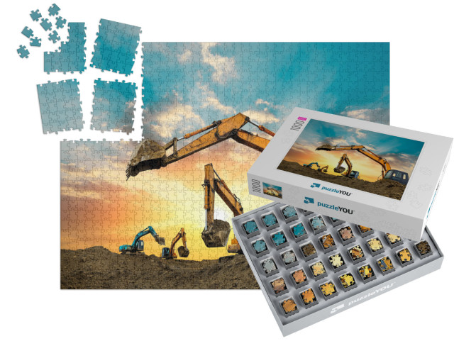 Four Excavators Work on Construction Site At Sunset... | SMART SORTED® | Jigsaw Puzzle with 1000 pieces