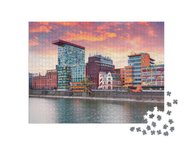 Colorful Spring Sunset on Rhine River in Dusseldorf. Medi... Jigsaw Puzzle with 1000 pieces