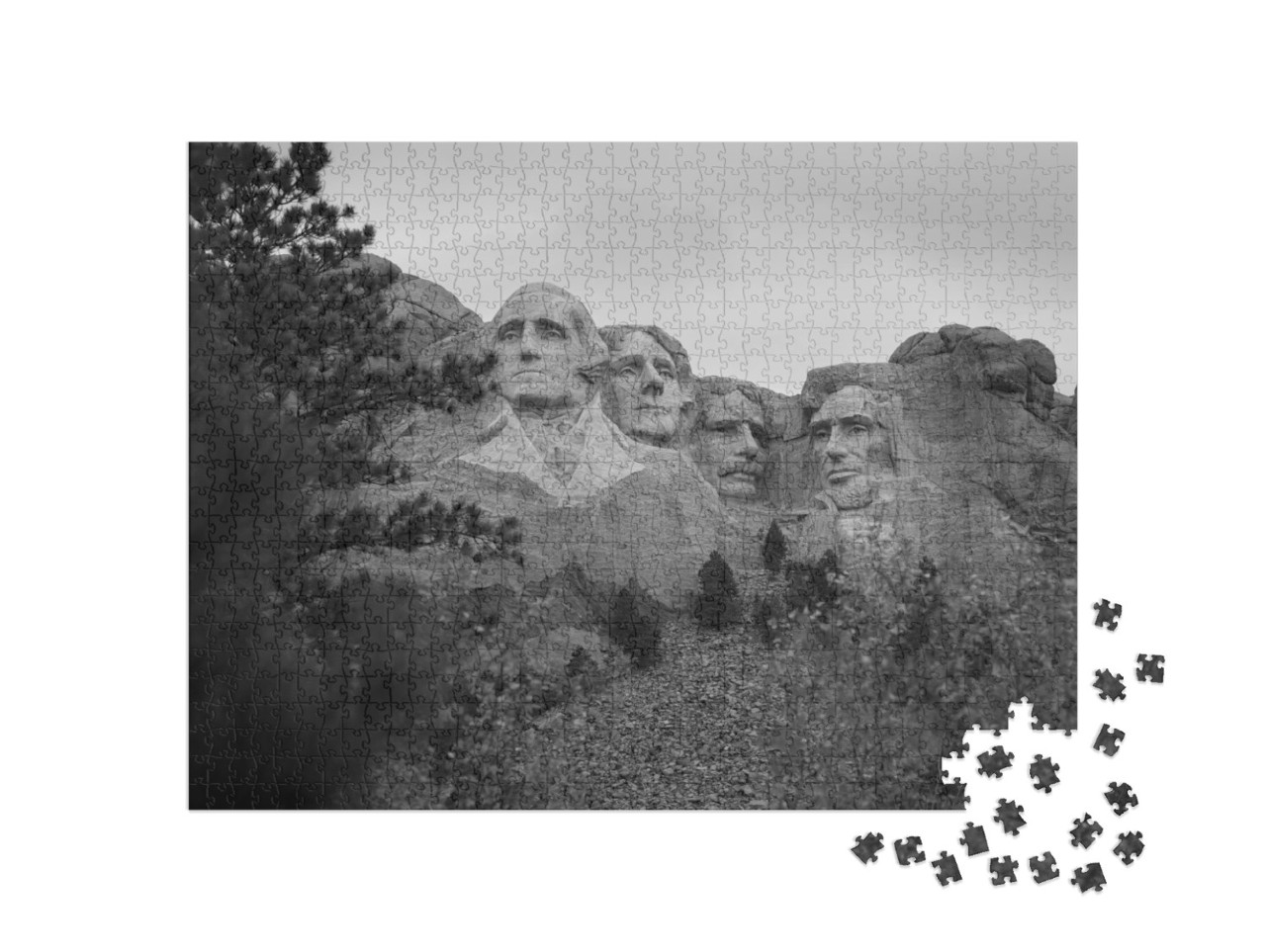 A Greyscale Shot of Mount Rushmore in the Usa... Jigsaw Puzzle with 1000 pieces