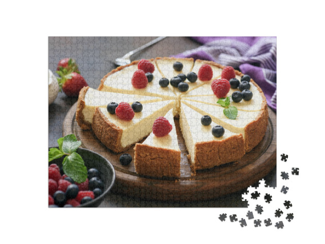 Classic Plain New York Cheesecake Sliced on Wooden Board... Jigsaw Puzzle with 1000 pieces