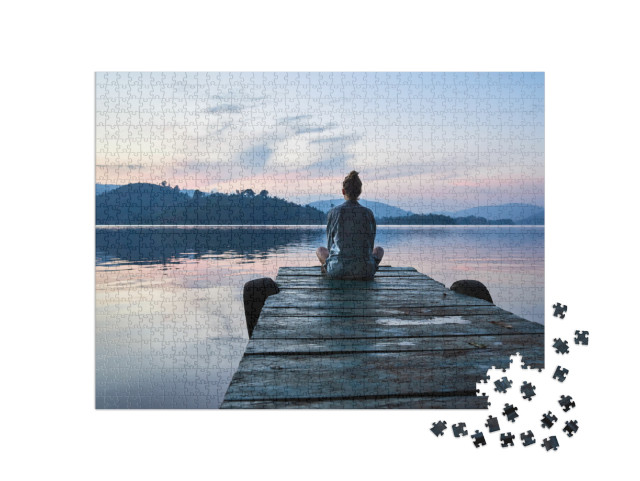 Peaceful Lifestyle Shot of Woman Sitting on Dock At Sunse... Jigsaw Puzzle with 1000 pieces