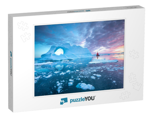 Little Red Sailboat Cruising Among Floating Icebergs in D... Jigsaw Puzzle