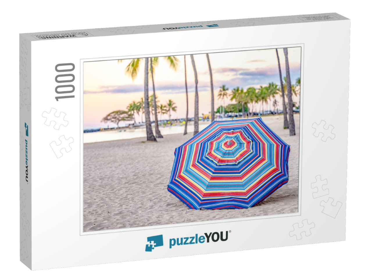 A Beautiful Striped Umbrella on the Beach At Sunset, in W... Jigsaw Puzzle with 1000 pieces