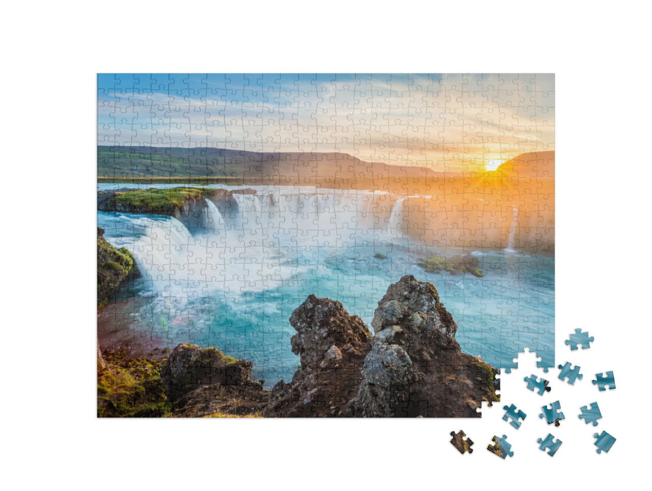 Godafoss Waterfall At Sunset, Iceland, Europe... Jigsaw Puzzle with 500 pieces