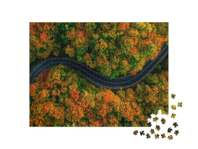 Aerial View of Thick Forest in Autumn with Road Cutting T... Jigsaw Puzzle with 1000 pieces