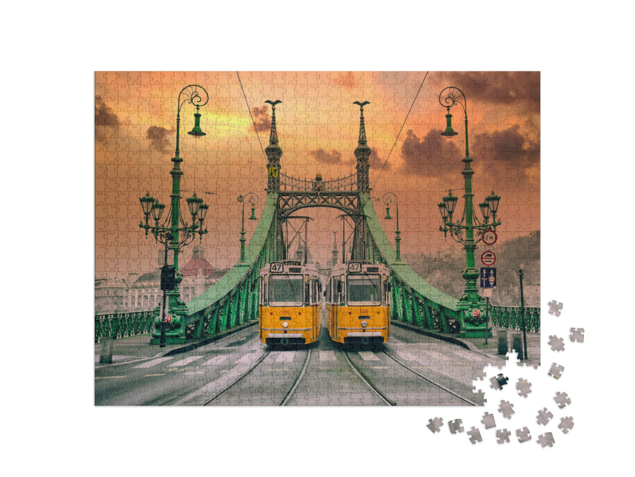 Two Old Yellows Trams on the Liberty Bridge in Budapest... Jigsaw Puzzle with 1000 pieces