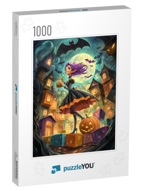 Witch with purple hair among the bats Jigsaw Puzzle with 1000 pieces