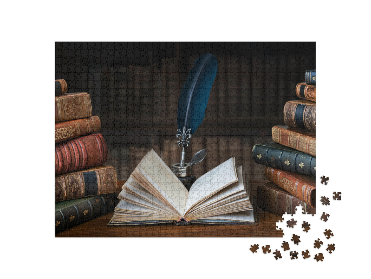 Old Books, Quill Pen & Vintage Inkwell on Wooden Desk in... Jigsaw Puzzle with 1000 pieces