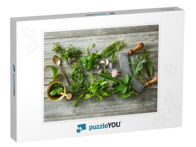 Fresh Kitchen Herbs & Spices on Wooden Table. Top View... Jigsaw Puzzle