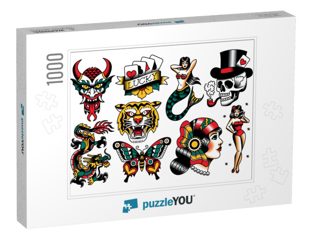 Vector Set of Old School Tattoo Designs... Jigsaw Puzzle with 1000 pieces